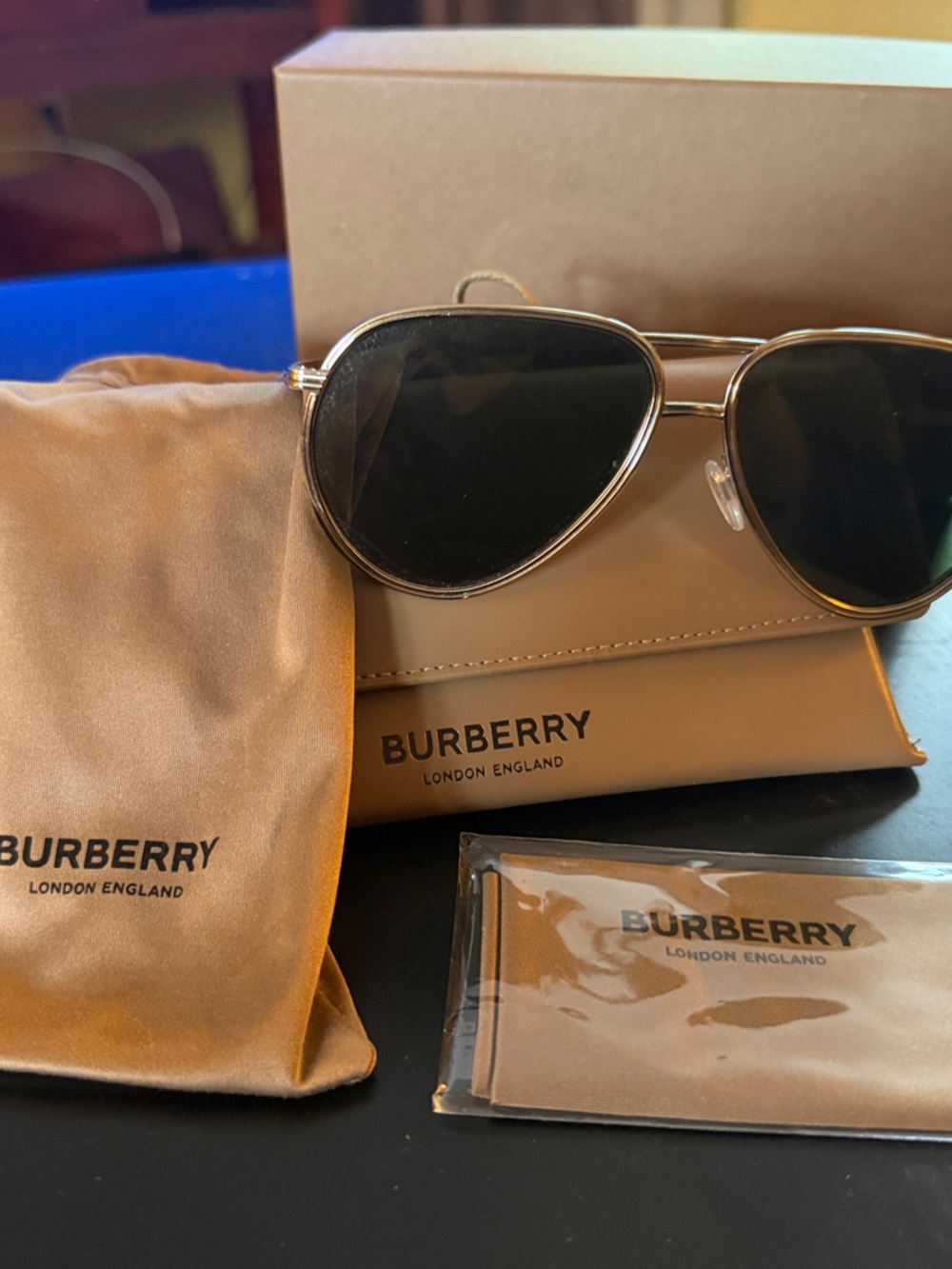 Burberry Gold Aviator Sunglasses with Black Lenses